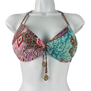 Luli Fama Top Womens Medium Pink Green‎ Cayo Hueso Crystal Push Up Top